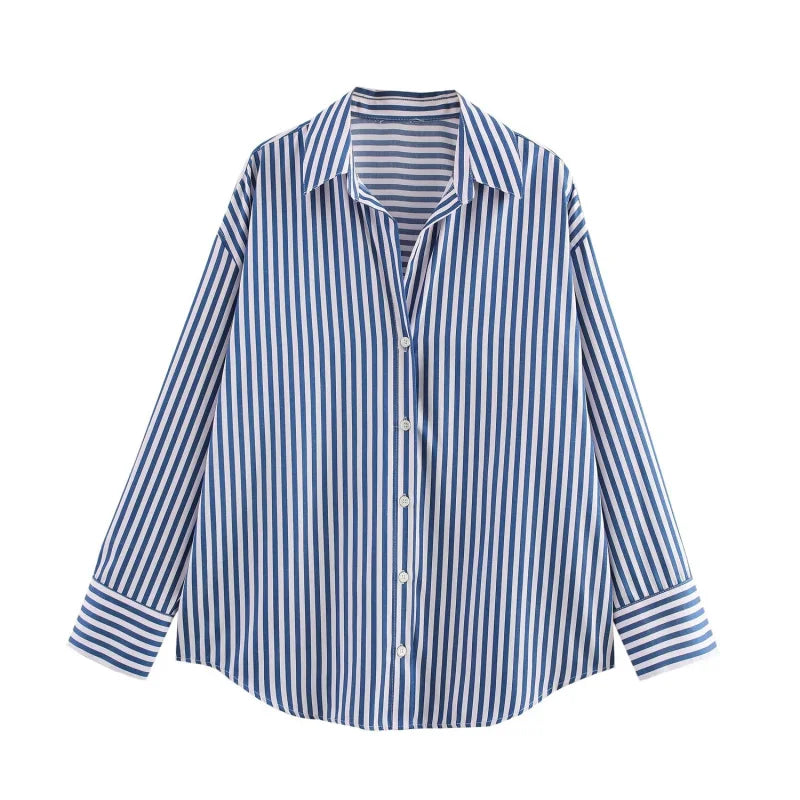 ETJ 2025 women's spring new Europe-American fashion striped long sleeve lapel loose version poplin shirt multi-color selection