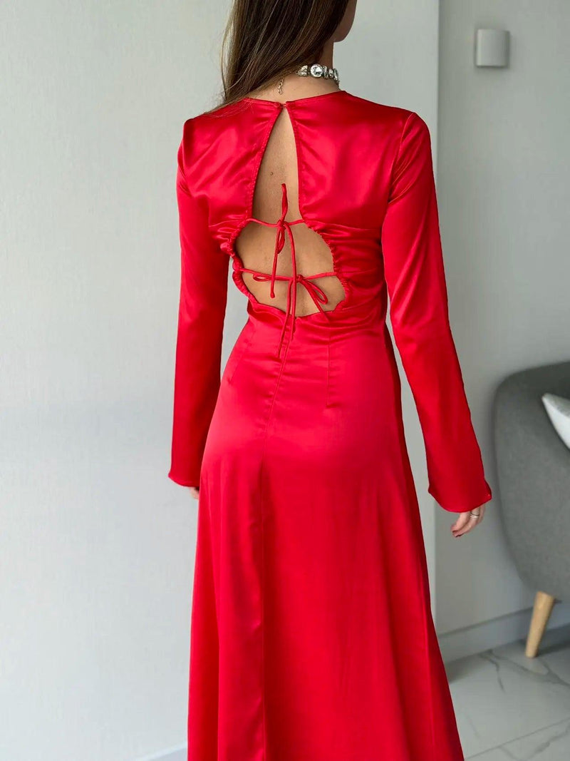 Mingmingxi Long Maxi Evening Dress Red Satin Long Sleeve Formal Dresses Elegant Back Lace Up Party Dresses Women Clothing - CRAVO ROSE