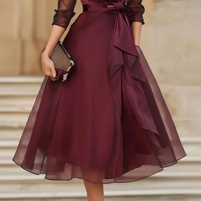 Women's Notched Collar Satin Workwear Dresses Spring Solid Tie-up Bow Mesh Long Dress New Summer Sheer Sleeve A-Line Party Dress