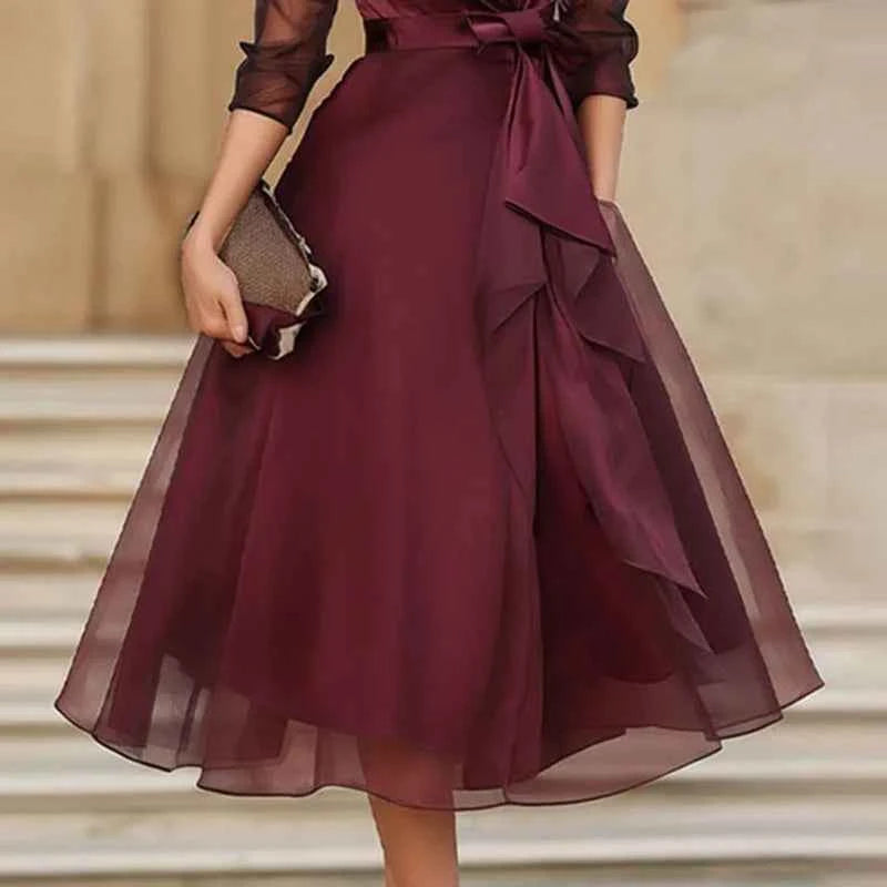 Women's Notched Collar Satin Workwear Dresses Spring Solid Tie-up Bow Mesh Long Dress New Summer Sheer Sleeve A-Line Party Dress