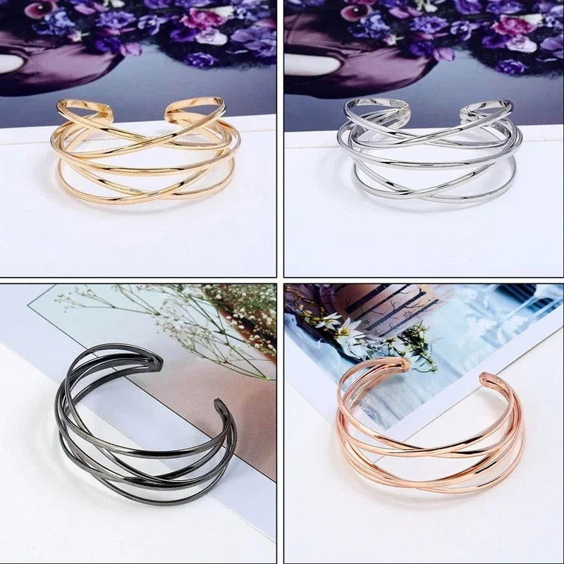 Punk Hollow Alloy Bangles for Women Gold Silver Color Cuff Bracelet Open Adjustable Arm Bracelets 2024 Summer Fashion Jewelry
