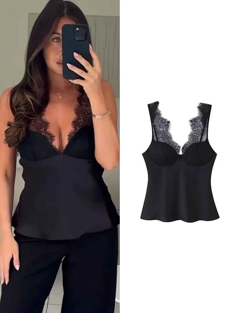 Women's Elegant Camisoles Sexy Splice Lace Sleeveless Sling Top Fashion Slimming Vintage Tank Top 2026 New Lady Street Wear