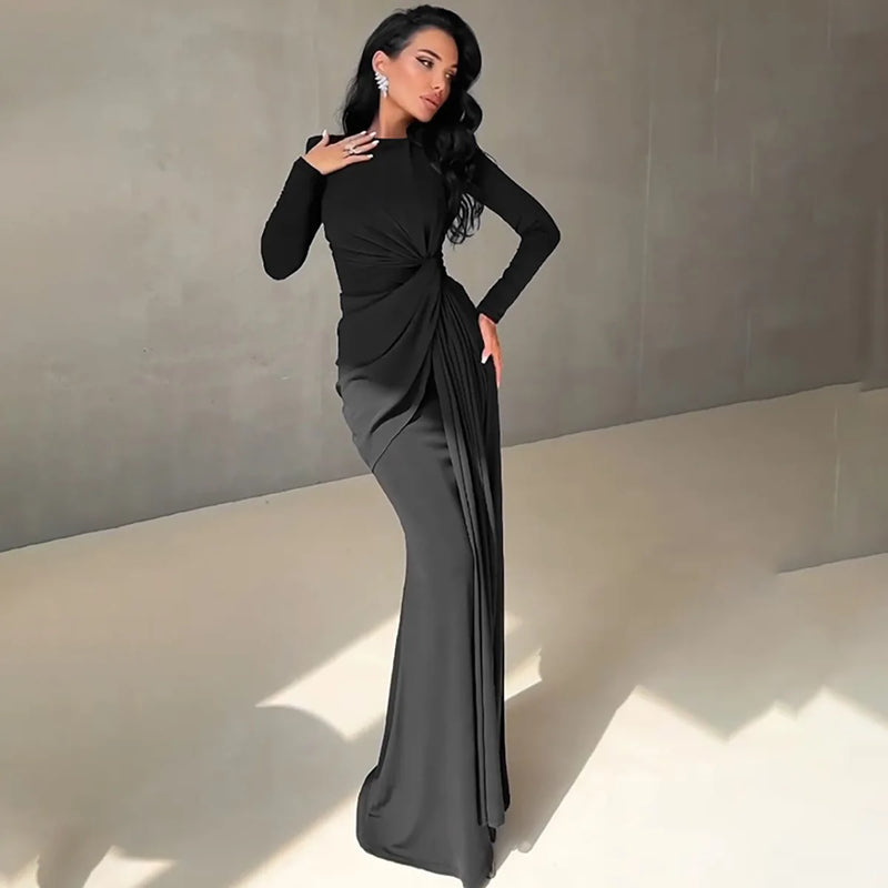 Elegant High Waist Folds Long Maxi Pink Dresses for Women 2025 Chic O-neck Long Sleeve Tunics Slim Solid Party Evening Dress