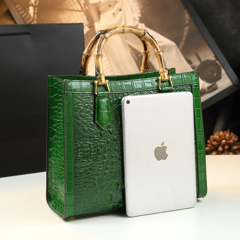 Brand Genuine Leather Real Bamboo Women's Bag Crocodile Pattern Handbag Portable Tote Bag Mom Tide Shoulder Messenger Bags