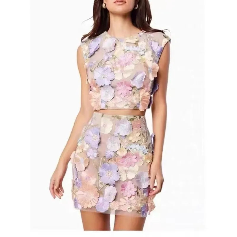 Spring Dress Women's Skirt High-quality Embroidery Hook Pattern Sleeveless Crop Top Wrap Hip Skirt Set of Two Pieces