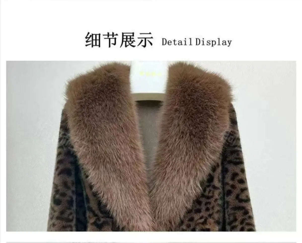 2025 New Women Autumn Winter Leopard Print Temperament Fur Coat Medium-Long High End Fur Collar With Belt Fur Jacket Overcoat