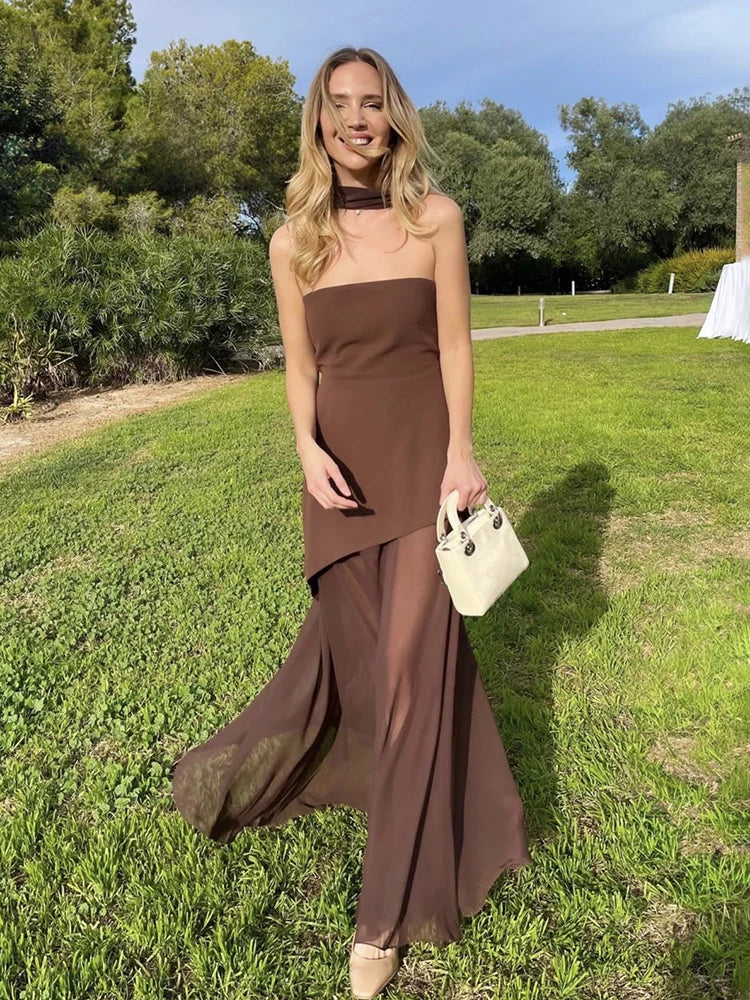 TARUXY Fashion Strapless Dress With Ribbon Female Elegant Sleeveless Mesh Beach Vacation Long Dress 2025 Spring New Women Dress