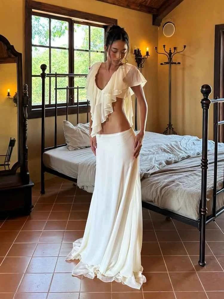 Weird Puss Patchwork Summer 2-Piece Set Women v-Neck Ruffles Crop Tops+Elastic Waist Simple Skitrts Solid Vacation Elegant Suit