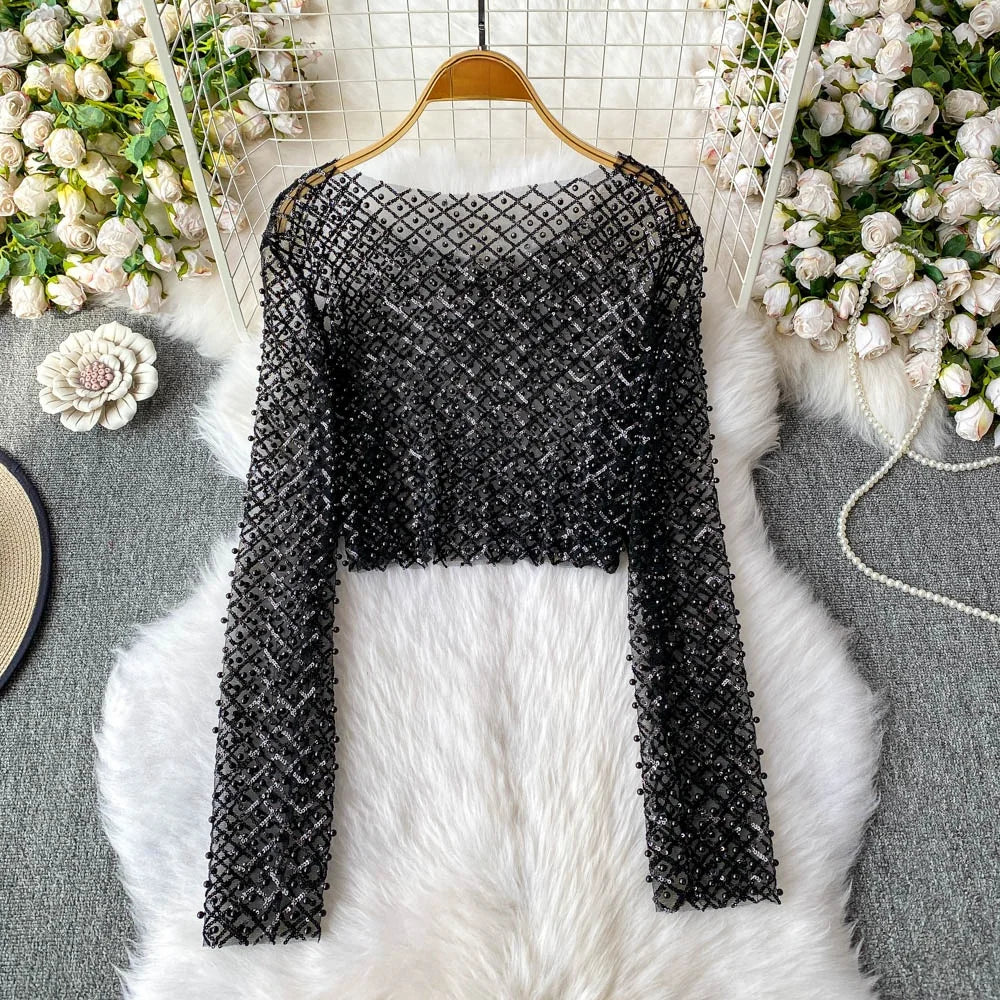Slim Fit Short Sleeveless T-Shirt Women's New Style round Neck Long Sleeve Shiny Sequin Heavy Duty Bead Commute Style Korean ...
