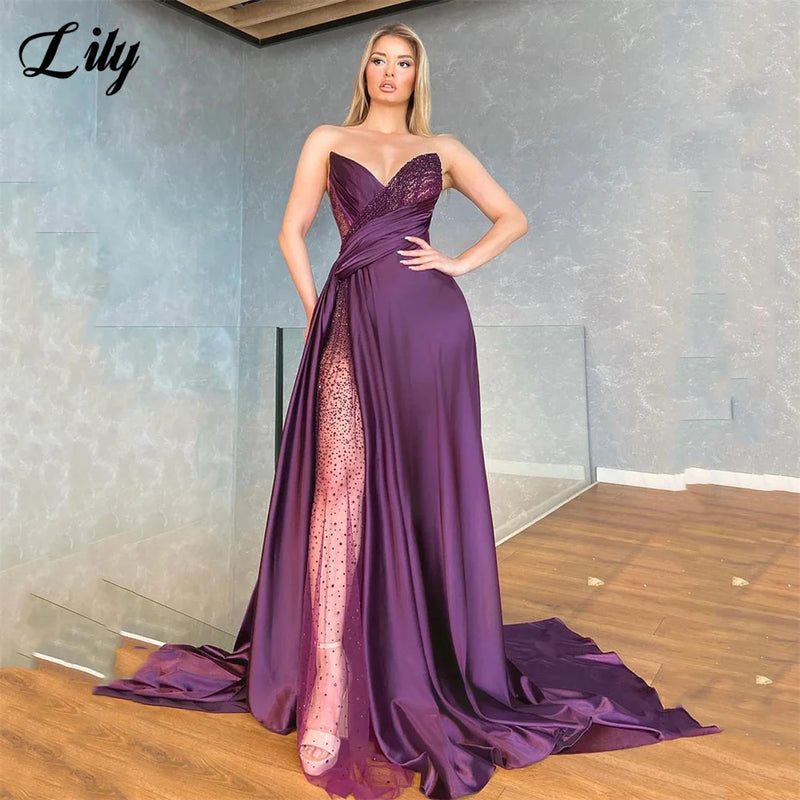 Lily Shining V Neck Purple Prom Dresses Sexy Stain Beach فستان سهرة نسائي Sleeveless Side Split Evening Dress For Special Events - CRAVO ROSE