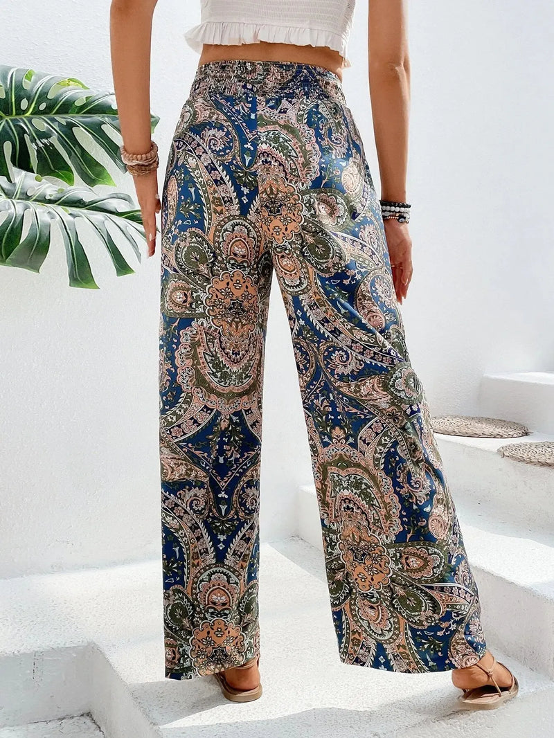 Calças de cintura alta com estampa da moda, pernas largas, primavera-verão, roupas femininas, calças casuais soltas, faixas elásticas, estilo boho, calças de praia