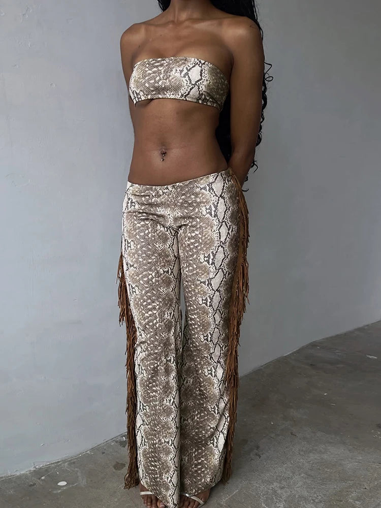 Weird Puss Side Tassel 2 Piece Set Women Tracksuit Mini Strapless+Straight Pants Matching Stretch Street Cool Hipster Outfits