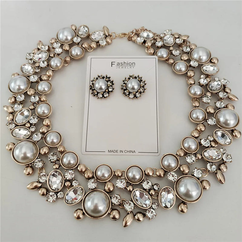 Indian Statement Faux Pearls Choker Necklace Earrings Women Jewelry Sets Heavy Metal Boho Vintage Crystal Large Collar Necklace