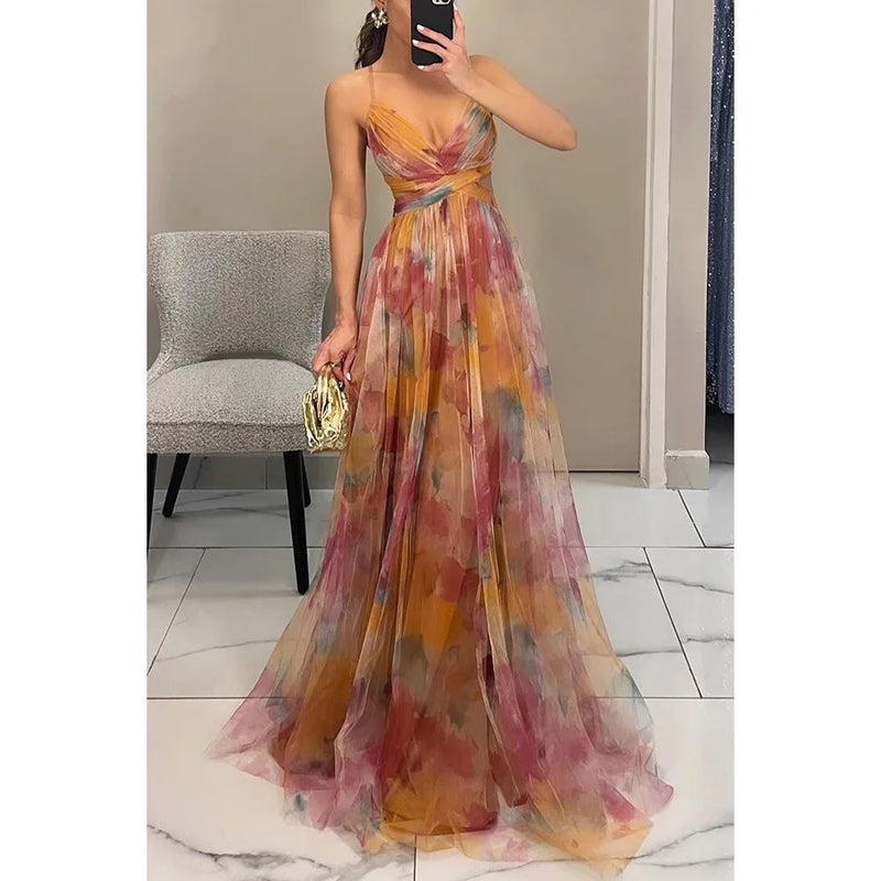 V-Neck Sexy Hollow Out Party Dress, Women Summer Loungewear Fashion Printing Maxi Dress, Sleeveless Lace-Up Ladies Dress Vestido
