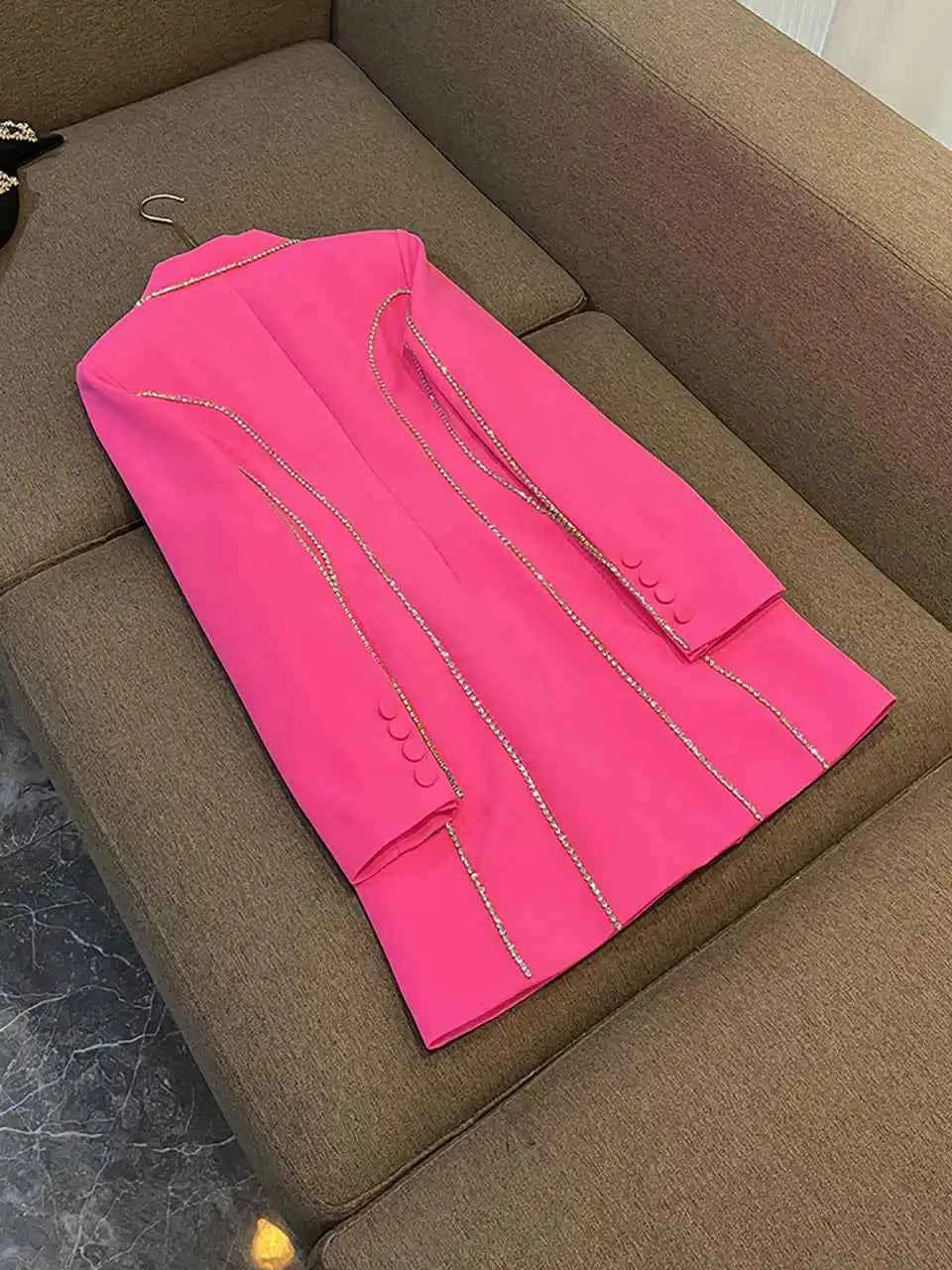 Beading Women Dress Fashion Slim Fit Double Breasted Blazer Long Jackt Customized Women Crystal Party 1 Piece Set