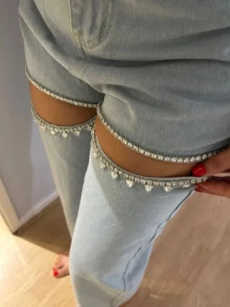 Calça jeans feminina da moda com strass, primavera-verão, azul, rasgada, reta, perna larga, desgastada, calça jeans feminina