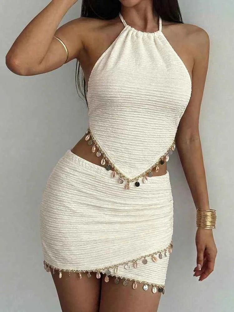 Kliou Tassel Decoration 2 Piece Set Woman Lace-UP Halter Backless Tank Tops+Skinny Mini Skirts Beach Party Sexy Fashion Outfits