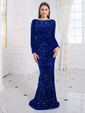 Romagic Elegant Women Modest Stretch Sequin Royal Blue Wedding Prom Gown Long Sleeves Mermaid Formal Evening Party Dress 2025