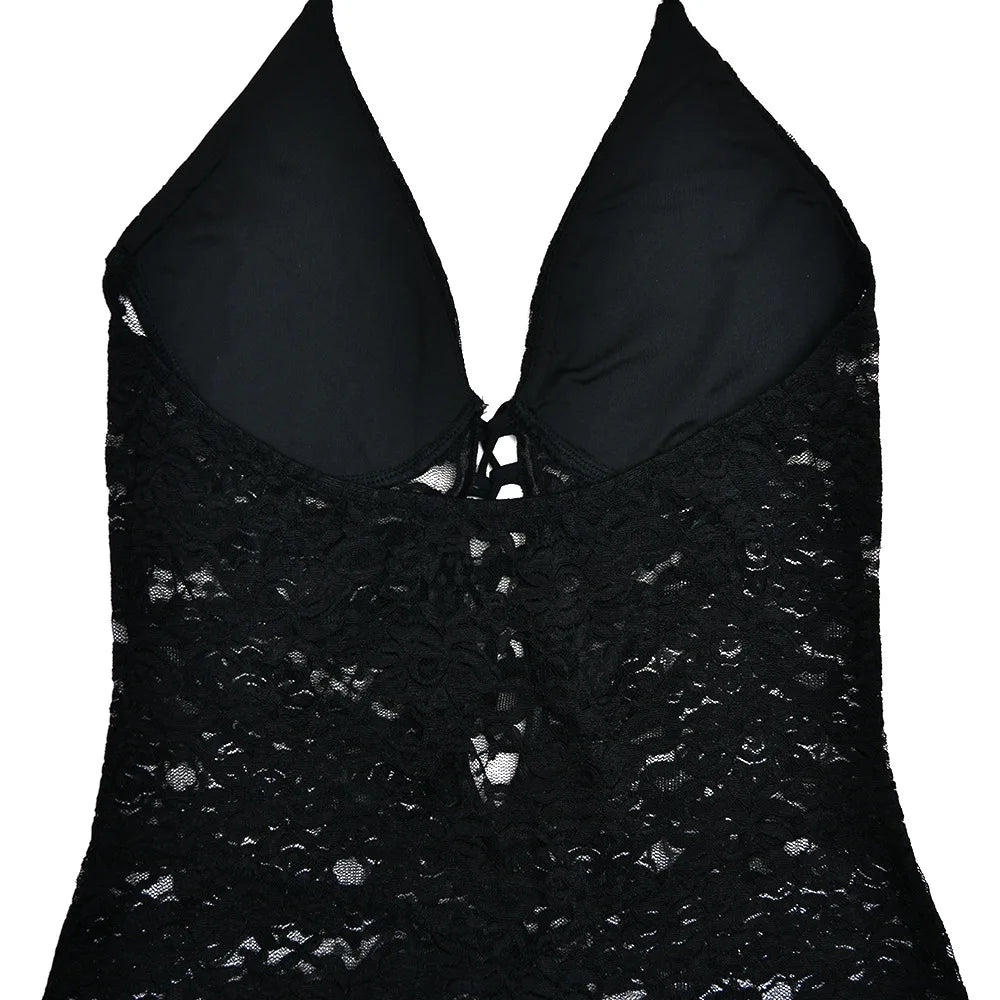 Women's New Sexy Fashion Hollow-Out Lace See-Through Backless Halter Slim Jumpsuit