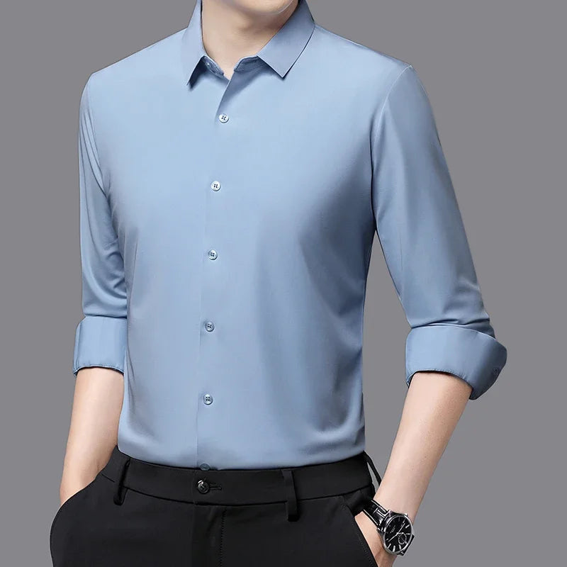 Camisa masculina premium ultraelástica - Camisa formal de manga comprida de seda de alta qualidade para uso social e casual