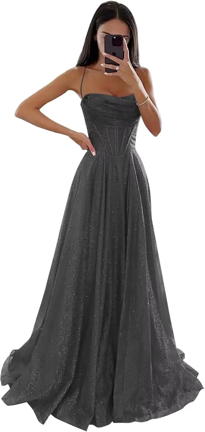 Spaghetti Straps Sleeveless Prom Dress for Women Long Shiny Tulle Formal Evening Party Gown with Slit Formal Dress Women Elegant
