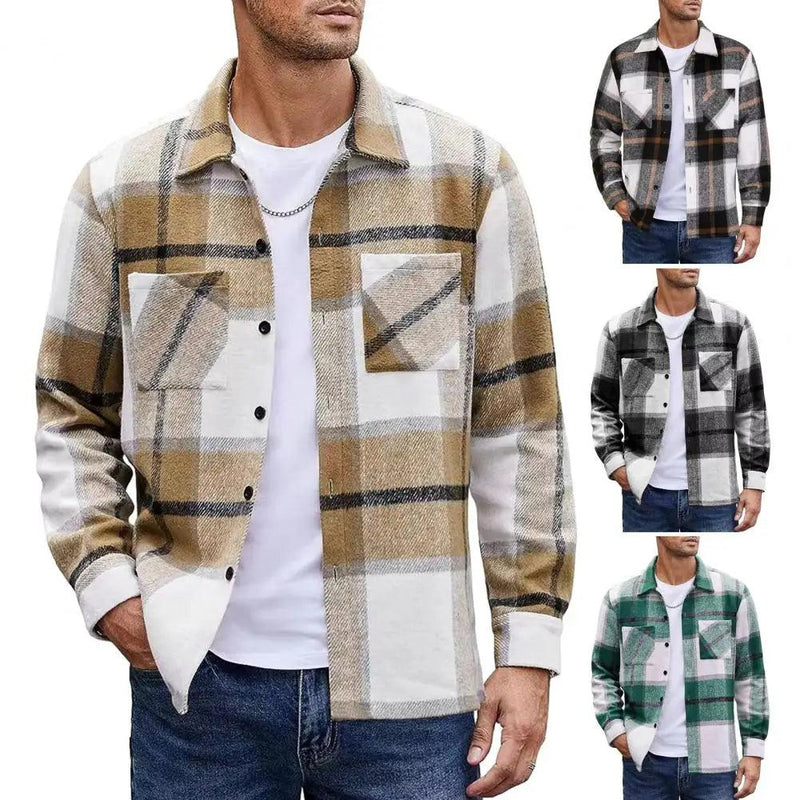 Jaqueta masculina vintage com estampa xadrez, camisa casual com botão e manga comprida, casaco de lã - CRAVO ROSE