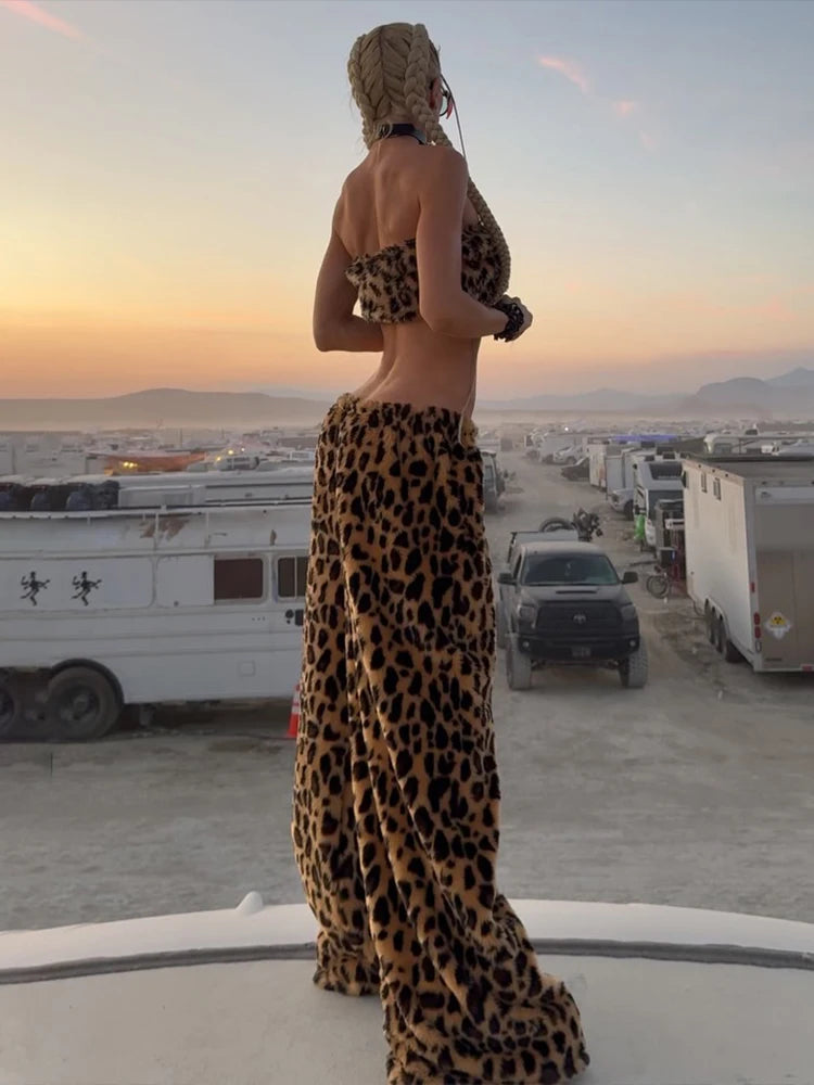 Kliou Fashion Furry 2 Piece Set Woman Leopard Print Chest Wrap Tank Tops+Straight Long Pant Hot Girls Street Hip-Hop Style Suits