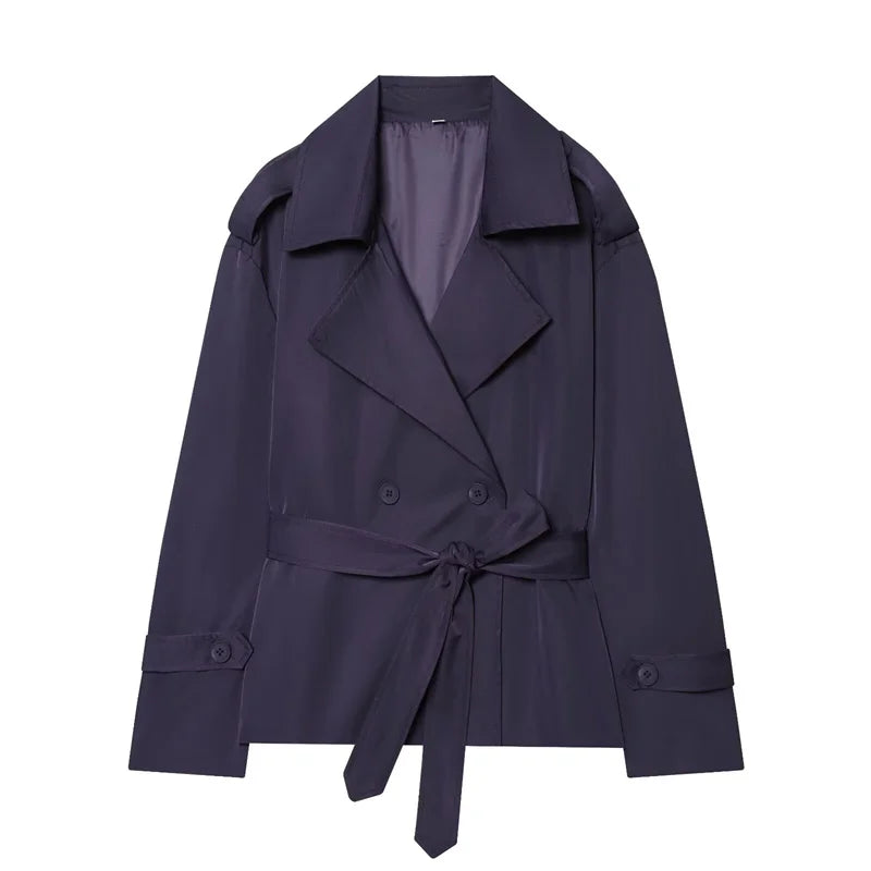 Women's Coat 2026 Spring New Style Solid Color Long Sleeve Belted Short Trench Coat European and American Personalized Fashion