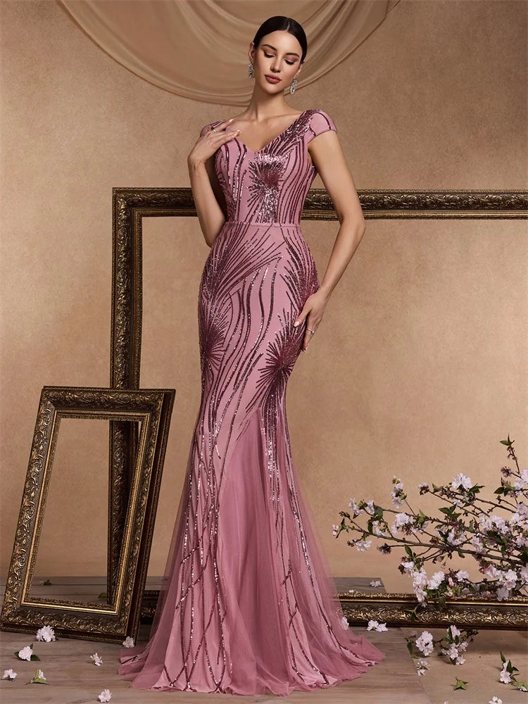 Luxury Cap sleeve V-neck Sequin Formal Evening Dress Women 2025 Elegant Mermaid Party Maxi Prom Arabia Cocktail Graduation Gowns