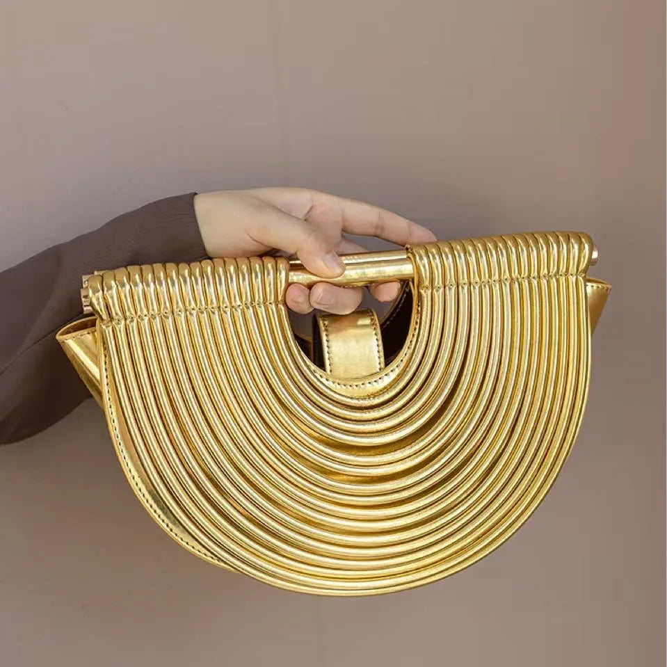 Bolsas para mulheres 2025 novo ouro designer de luxo marca mão tecido macarrão sacos meia redonda puxado hobo prata noite embreagem chique - CRAVO ROSE