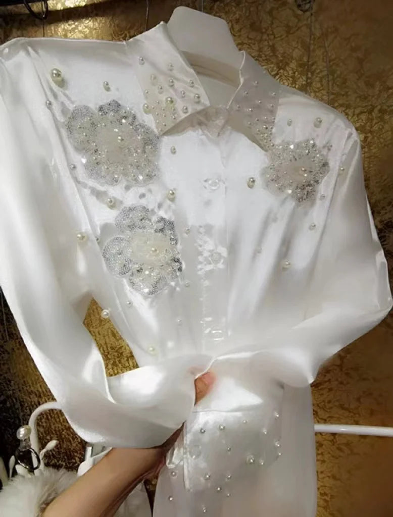 Blusas brancas com lantejoulas e miçangas estilo luxo, camisas para mulheres, vintage, botões, blusas de abotoamento simples