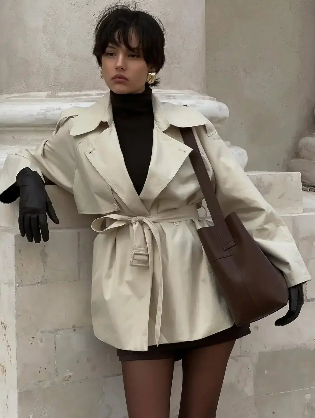 Women Lapel V-neck Belt Trench Coat Fashion Lace Up Full Sleeve Button Short Thin Windbreak 2025 New Lady Daily Street Outerwear
