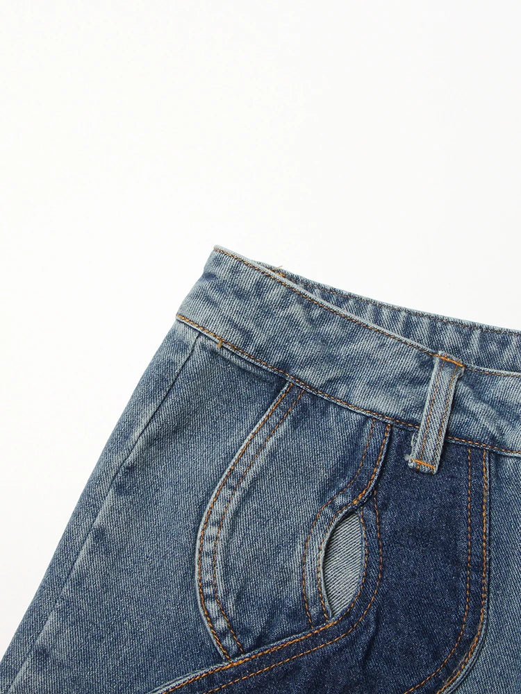 TWOTWINSTYLE Calça jeans feminina com zíper e patchwork, cintura alta, vazada, casual, perna larga, roupa feminina, nova moda