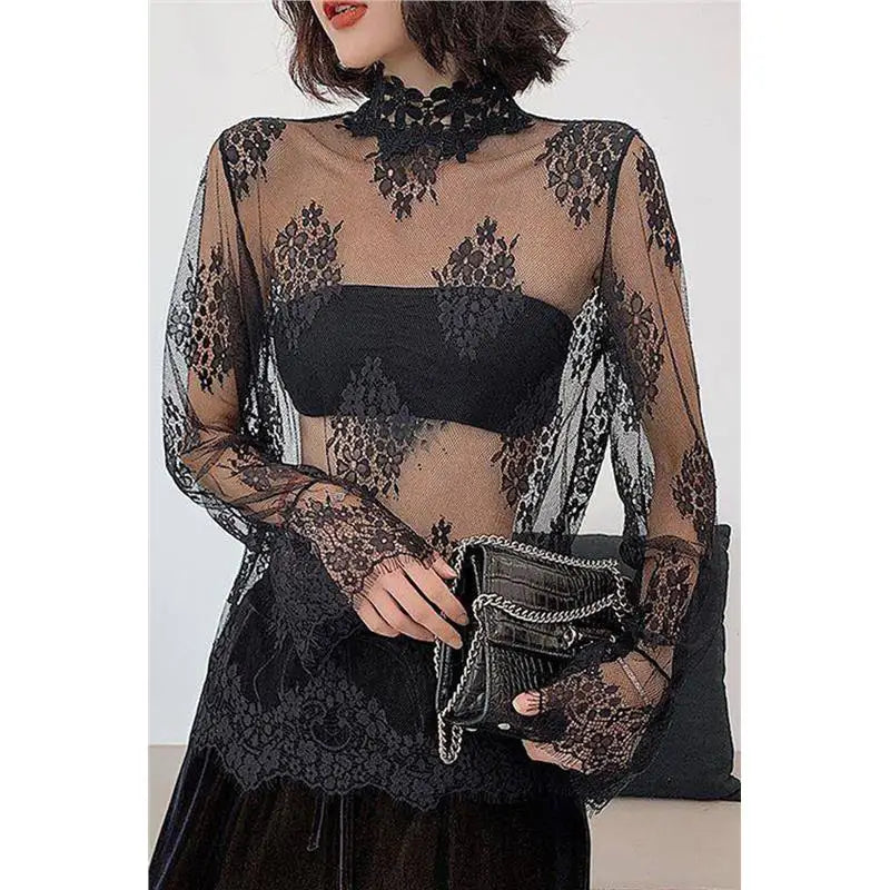 Sexy Lace Base Shirt Women's Mesh Inner Top Half High Collar Knitted Sweater Layerable Floral Lace Trim See through Design