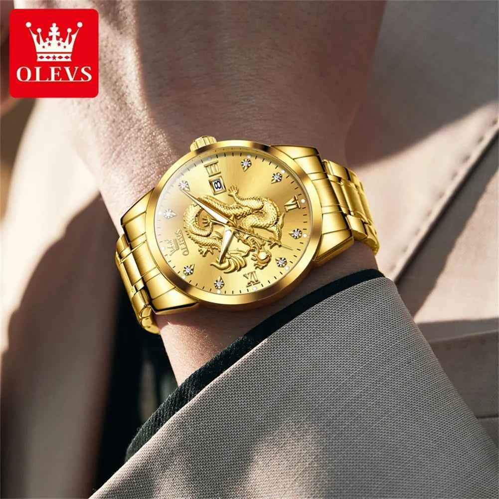 OLEVS Men's Watches Top Brand Fashion Original Quartz Watch for Man China Loong Dragon Dial Waterproof Luminous Date Olevs 3619