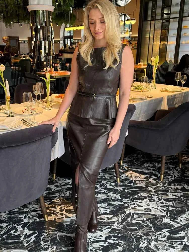 HH Vintage Women's Leather Suits 2026 Spring Summer Round Neck Belted Vest Top+Front Split Long Skirts Female Two-Piece Set