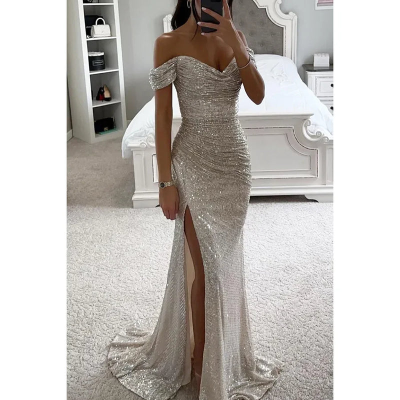 Women New Party Sequins Strapless Split Dress Casual Fashion Dress Solid Color High Waist Floor Length