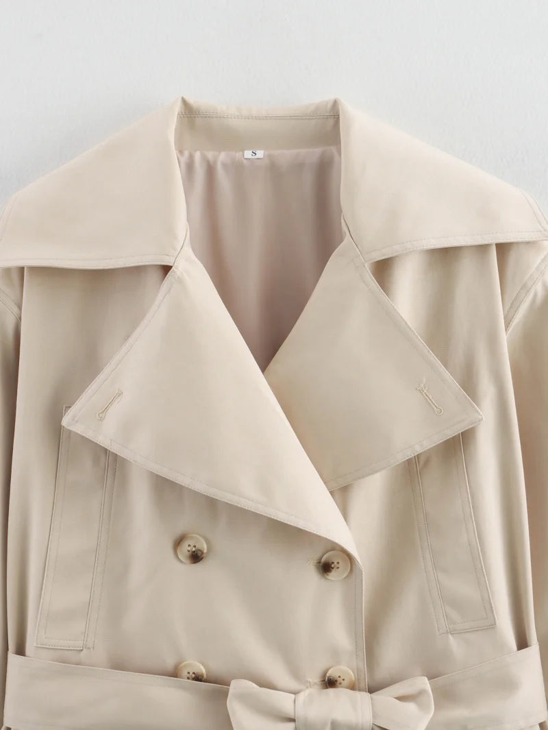ETJ 2025 new  women's British wind trench coat style double-breasted long sleeve belt lapel jacket short coat
