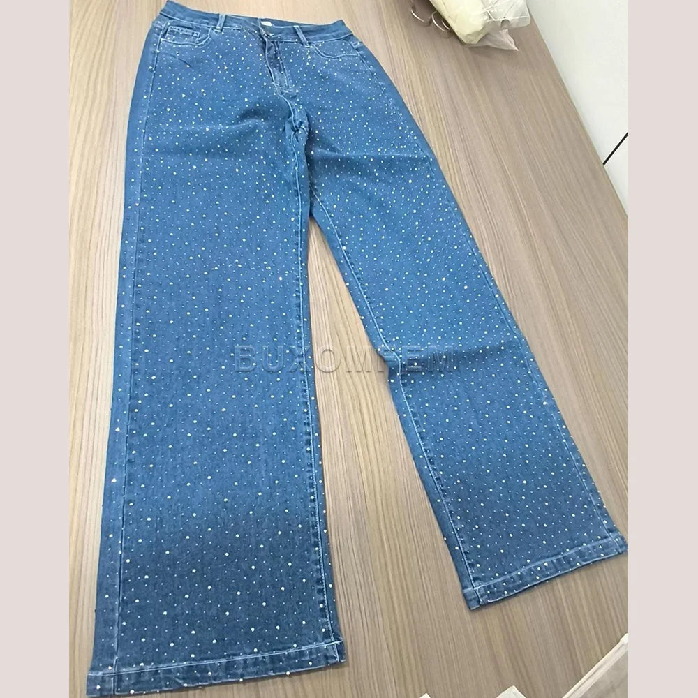 Women's Wide Leg Loose Jeans Drilled Straight Leg Pants 2025 Stylish Baggy Trousers Ladies Fashion Y2K Streetwear Outfit Bottoms