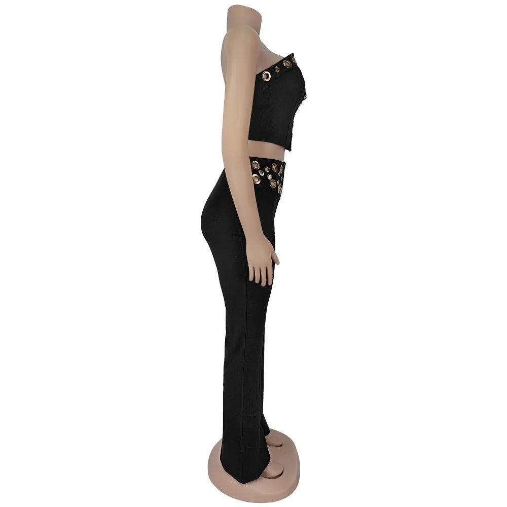 FLARORA Fashion Metal Ring Holes 2 Pcs Sets Woman Sleeveless Hollow Out Crop Tops And High Waist Flare Pants Elegant Streetwear
