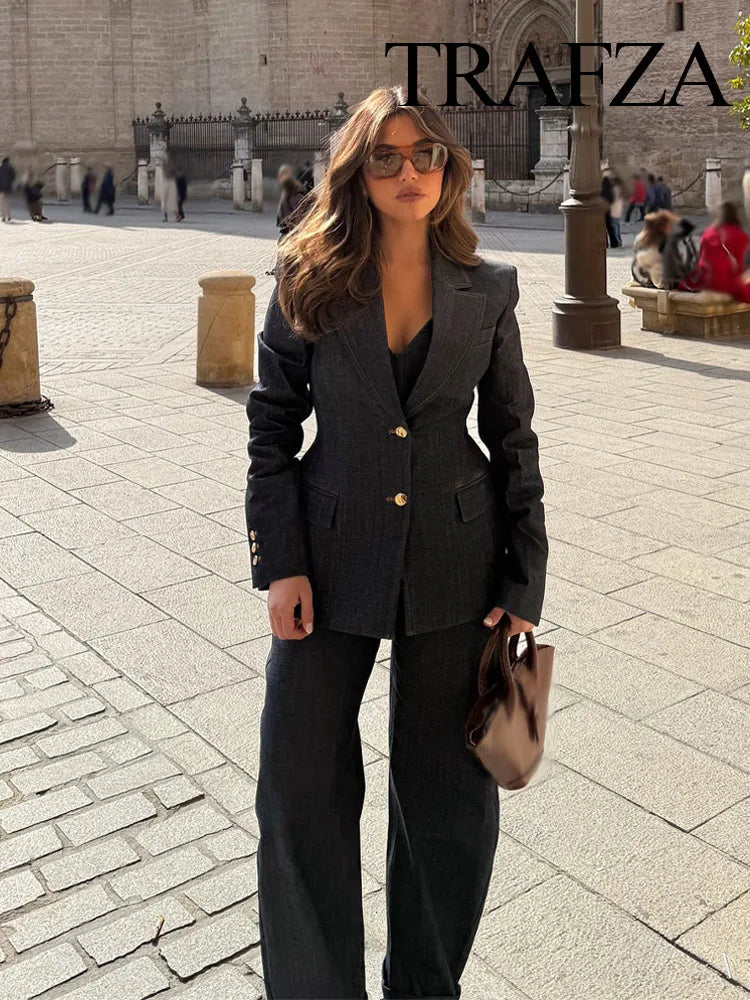 TRAFZA 2025 Conjunto de Blazer e Calça Jeans , Casaco Slim com Gola Redonda + Corpete com Decote em V + Jeans Feminino Vintage de Perna Larga