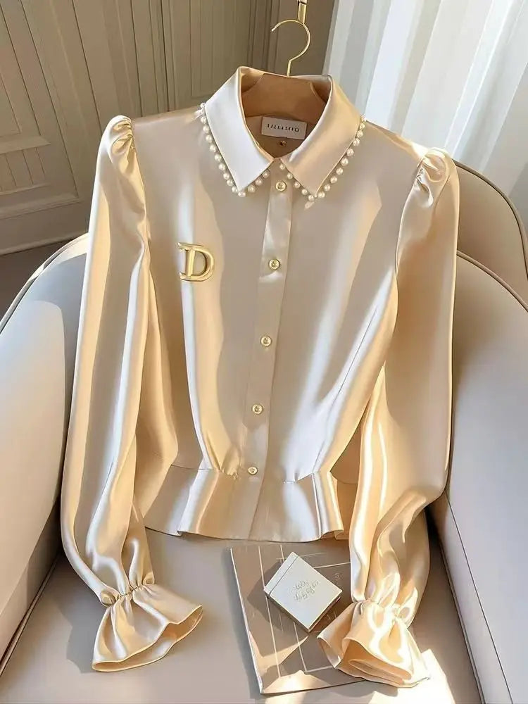 Satin Shirt Women Tops 2025 New Spring Autumn Chic Long Sleeve Elegant Ladies Solid Color Blouse French Camisas De Mujer