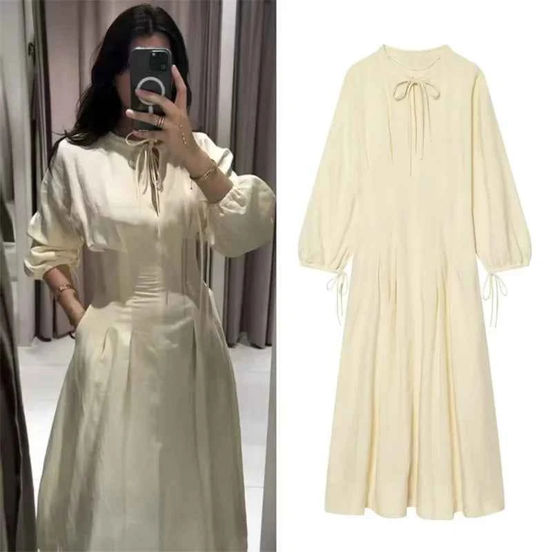 Women's Dress 2026 Summer New Beige Long-Sleeve Loose Tie-Decorated Long Dress Elegant and Graceful Beach Vacation