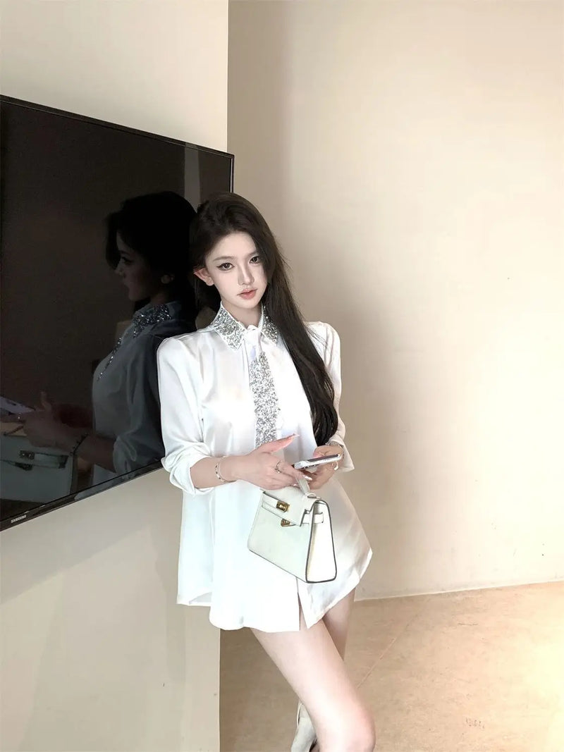Camisas de cetim com gravata diamantes para mulheres, blusas soltas de manga comprida com lapela e lapela, elegantes francesas, para combinar com todas as mulheres, primavera 2025