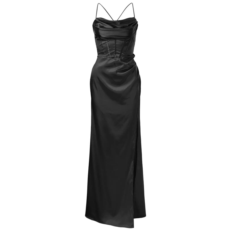 Women Sexy Satin Corset Maxi Dress Silky Strap Push Up Fishbone Ruched Evening Party Long Dresses Chic Elegant A-Line Dress