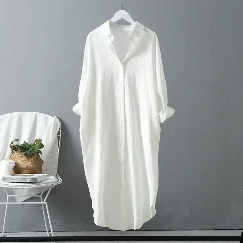 2024 Spring Casual Women's Blouses Korean Clothing Autumn Vintage Linen Cotton Mid-Length White Shirt Dress For Female Chic Tops - CRAVO ROSE