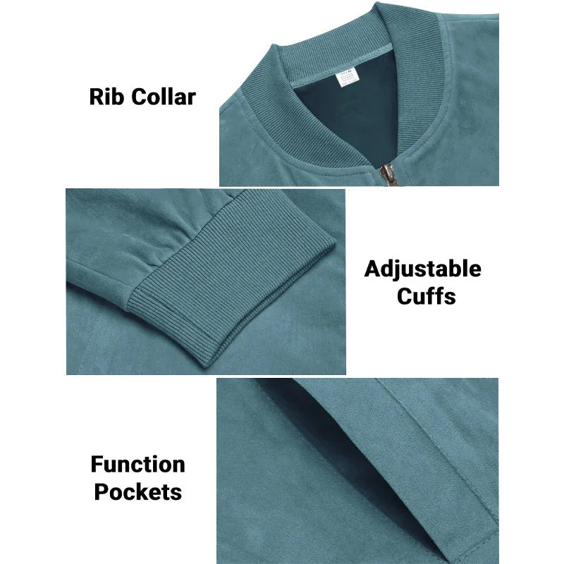 Men's Business Casual Suede Jacket Zipper Collar Warm Sporty Outerwear Polyester Fabric Long Sleeve round Hem Knitted Sleeve