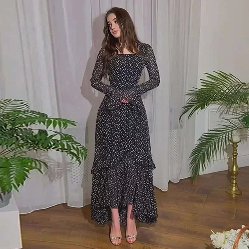 2025 Women's Dress Elegant Fresh Sweet Polka Dot Print Asymmetrical Layered Long Sleeve Tie Details High Waist Slim Maxi Dress