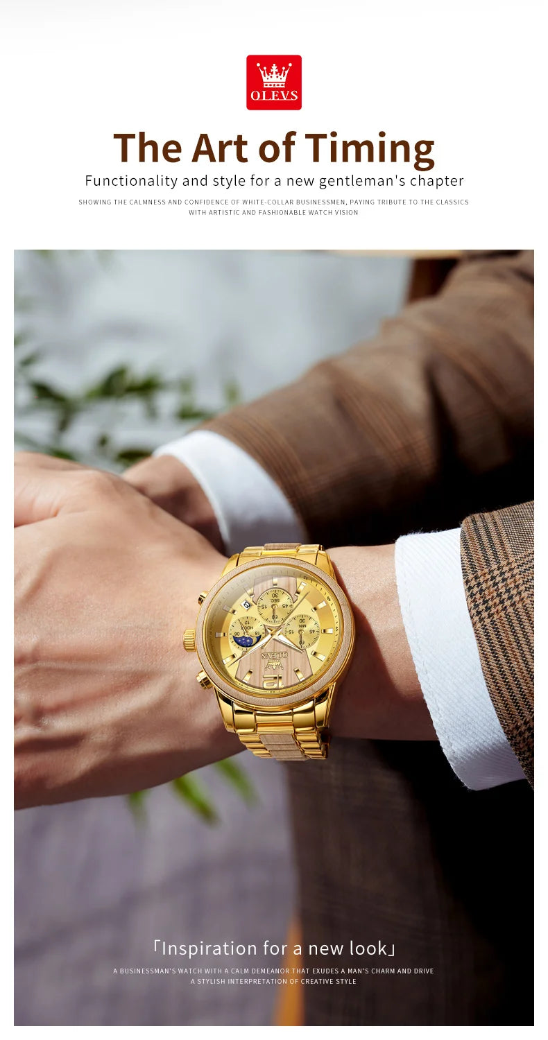 OLEVS 3645 Mens Watch Top Brand Business Original Quartz Watch Solid Wood Multifunctional Chronograph Watch Moon Phase Reloj New