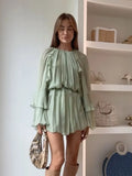 Elegant Women Green Irregular Ruffles Loose Mini Dress Fashion O Neck Full Sleeve Short Vestidos Spring Summer Chic Lady Dresses